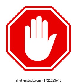 No hand sign on white background. Red stop sign for prohibited activities. 