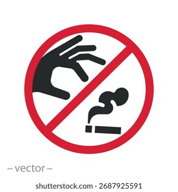 keine Hand, die eine angezündete Zigarette wirft, nicht wegwerfen Zigarettenstummel Symbol, per Gesetz, flache Vektorgrafik