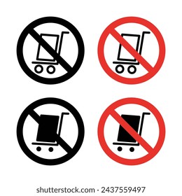 No hand truck sign icon set. Restriction on hand truck and dolly use vector symbol in a black filled and outlined style. Hand truck prohibition in specific premises sign.