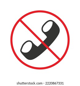 No hay ningún icono de teléfono. Icono de receptor prohibido. No hay señal de vector de teléfono. Icono vector de llamada prohibido. Advertencia, precaución, atención, restricción de diseño plano de señalización. No llamar al signo de vector