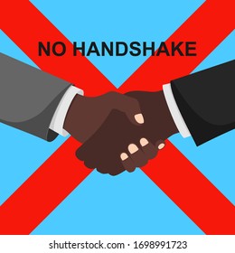 No handshake concept in a flat design.  No deal. Infection on hands. Do not contact. No physical contact. Red warning sign. Precautions and prevention of coronavirus disease.