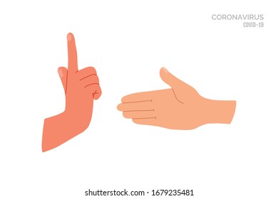 Sin apretón de manos. No contacte. Precauciones y prevención de la enfermedad del coronavirus. No hay contacto físico. Advertencia, infección peligrosa en las manos. Dibujo vectorial colorido de dibujos planos.
