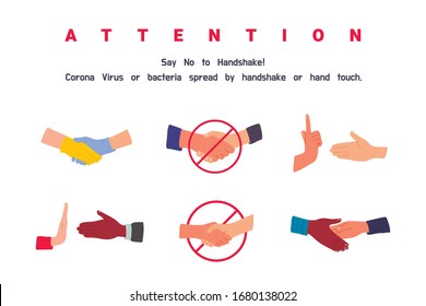 No handshake. Do not contact. Precautions and prevention of coronavirus disease. No physical contact. Warning, dangerous infection on hands. Flat cartoon colorful vector illustration.