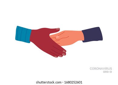 No handshake. Do not contact. Precautions and prevention of coronavirus disease. No physical contact. Warning, dangerous infection on hands. Flat cartoon colorful vector illustration.