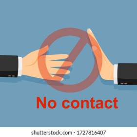 No handshake flat icon. No deal. Infection on hands. Do not contact. No physical contact. Red warning sign. Vector illustration cartoon design. Precautions and prevention of coronavirus disease.