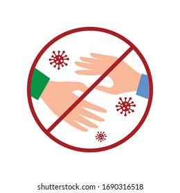 No handshake icon with red forbidden sign, avoiding physical contact and corona virus infection