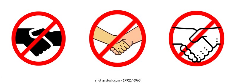 No Handshake Icon With Red Forbidden Sign, Avoiding Physical Contact And Corona Virus Infection. Vector Icon Set