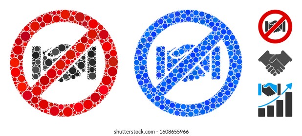 No handshake mosaic of round dots in various sizes and color tinges, based on no handshake icon. Vector dots are united into blue mosaic. Dotted no handshake icon in usual and blue versions.