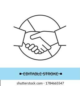 No handshakes icon. Covid quarantine hygiene warning linear pictogram. Concept of avoiding contact in office and covid quarantine health safety recommendations. Editable stroke vector illustration