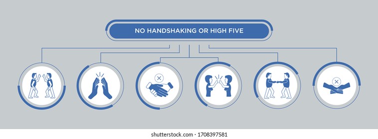 No handshaking or high five icons set with infographics design. Coronavirus vector illustration to prevent the spread of bacteria, viruses. COVID-19 strategy in a flat style.