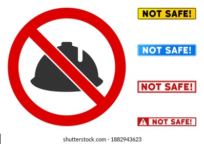 No Hard Hat sign with messages in rectangle frames. Illustration style is a flat iconic symbol inside red crossed circle on a white background. Simple No Hard Hat vector sign, designed for rules,