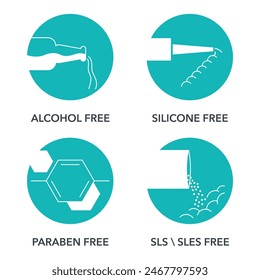 No harmful components circular icons set - paraben, SLS or SLES, alcohol and silicone free. Pictograms for labeling