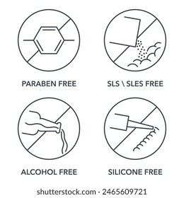 Keine schädlichen Komponenten Symbole gesetzt - Paraben, SLS oder SLES, Alkohol und Silikon frei. Piktogramme zur Etikettierung in dünner Linie.