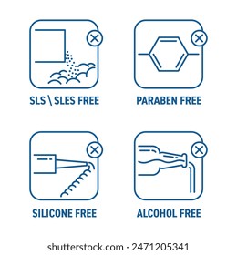 No harmful components icons set - paraben, SLS or SLES, alcohol and silicone free. Pictograms for labeling in thin line and square shapes