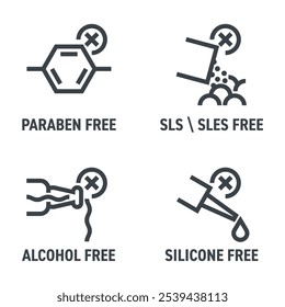 Ningún conjunto de iconos de componentes dañinos - parabeno, SLS o SLES, alcohol y silicona libre. Pictogramas para el etiquetado en Formas delgadas en negrita y cuadradas