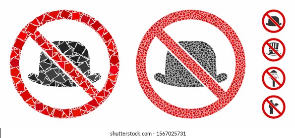 No hat mosaic of tremulant parts in various sizes and color tones, based on no hat icon. Vector ragged parts are organized into collage. No hat icons collage with dotted pattern.