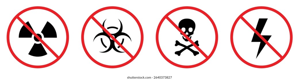 No hazard signs set including radioactive, biohazard, toxic, and high voltage warning symbols. Red prohibition circle with black icons. Safety concept, danger control, flat vector design.