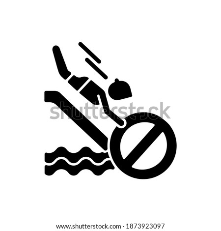 No head down sliding black glyph icon. Water park security policy, safety rule for waterslide attractions. Aqua park entertainment silhouette symbol on white space. Vector isolated illustration