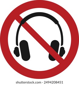 No se permiten auriculares simple prohibición de señal. Silueta de auriculares sin símbolo. Señal de auriculares prohibidos. Ilustración vectorial, EPS10