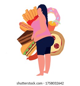 No Healthy Eating Concept. Overweight Obese Female,. Overeating Concept. Fast Food, Consequences Of Food Problems. Burger And Sweets Junk Food. Vector