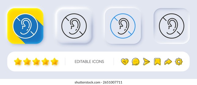 Sem ícone de linha auditiva. Neumórfico, sombra plana, botões 3d. Sinal de microfone sem áudio. Silenciar símbolo de som de áudio. Linha sem ícone de audição. Ícones de mídia social. Vetor