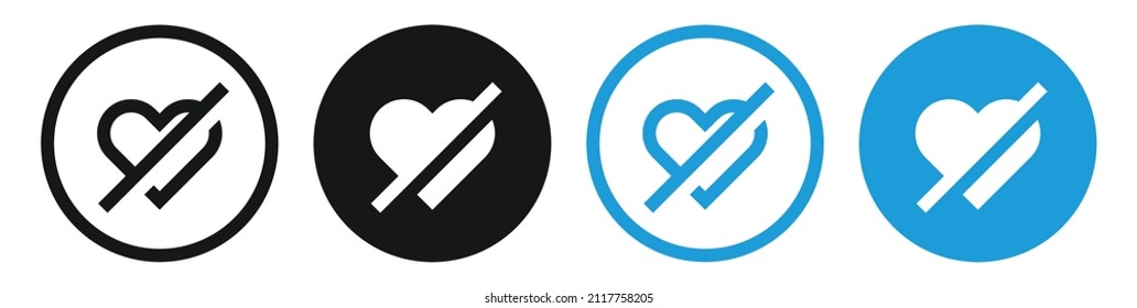 no heart icon, dis love dislike icon, ban heart, no love symbol, heart broken icon button, prohibited, Forbidden, stop in filled, thin line, outline and stroke style for apps and website	
