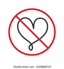 Sin icono cardíaco. Signo vectorial cardíaco prohibido. Advertencia, precaución, atención, restricción, diseño de señales llanas de peligro. Ningún pictograma de símbolo de amor