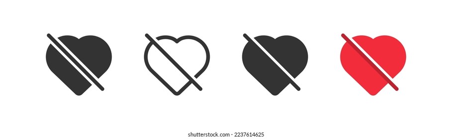 No heart outline icon. Remove from favorite symbol. No love, red slashed heart sign. Dislike concept. Web ui sign. Simple flat design. Vector illustration.