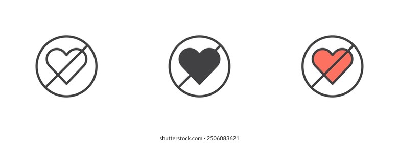 No Heart sign different style icon set. Line, glyph and filled outline colorful version, outline and filled vector sign. Stop love Symbol, logo illustration. Vector graphics