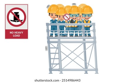 No heavy load. To prohibit the placing of heavy objects on a surface. Scaffolding collapsing due to excess weight and overload of workers. Safety first. Industrial safety and occupational health