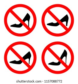 No heels sign. Set of vector illustrations. Black silhouette of tall women shoes on a white background in a crossed out red circle. Sign prohibits movement in shoes with high heels.