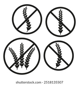 No herbs icon. Four black and white prohibition symbols. Circular signs with crossed out plants. Simple vector design.