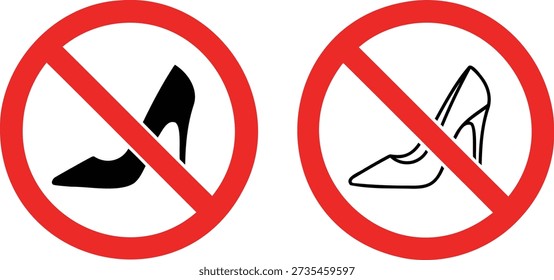 No high heels warning notice, prohibited shoes area instruction, safety restriction emblem, feminine footwear forbidden sticker