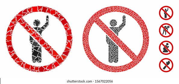 No hitchhike mosaic of inequal parts in variable sizes and shades, based on no hitchhike icon. Vector inequal parts are combined into mosaic. No hitchhike icons collage with dotted pattern.