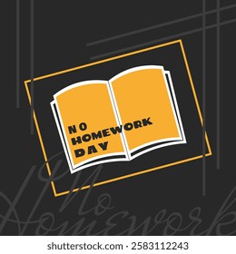 No Homework Day to celebrate on March 6th. Illustration of a book with blank pages on black background.
