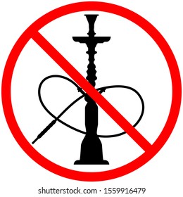 No hookah sign. Hookah with tube is  crossed out in red circle isolated on white background. Banned smoking, vector stock illustration.