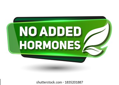 No hormone, green banner with a leaf on a white background. Healthy fresh food icon.
