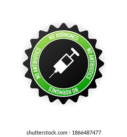 No hormones, no antibiotics green rubber stamp on white background. Realistic object. Vector illustration.