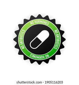 No hormones, no antibiotics green rubber stamp on white background. Realistic object. Vector illustration.