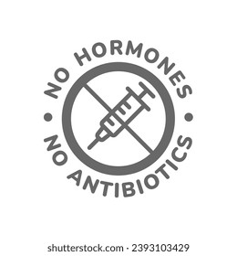 No hormones vector label. No antibiotics added circle with syringe.