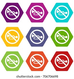 No horn traffic sign icon set many color hexahedron isolated on white vector illustration