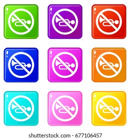No horn traffic sign icons of 9 color set isolated vector illustration