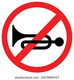 No Horn Traffic Sign. Vector illustration of red crossed out circular no traffic sign with trumpet icon inside. DON'T HONK. No honking here. Vector illustration.