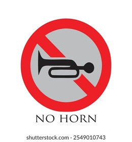 No Horn Traffic Sign. Vector illustration of red crossed out circular no traffic sign with trumpet icon inside