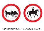 No horse-drawn vehicles road sign. No riding horse traffic sign. Vector illustration of prohibition traffic sign set. Horseman and horse drawn carriage pictogram.