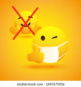 No Hugs and Handshakes - Concept with Emoticon with Winking Eye, Showing Thumbs Up and Wearing Medical Mask - Vector Design on Yellow Background
