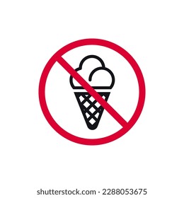 No ice cream prohibited sign, forbidden modern round sticker, vector illustration.