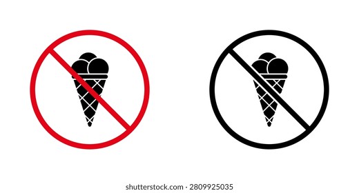 No Ice Cream Prohibition Sign Icon Set. Forbidden Ice Cream Warning And Restriction Symbol Collection. Stop And Ban Notice. Isolated Vector Illustration.