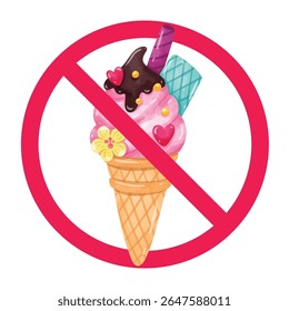 No ice cream sign, forbidden ice cream sign, ice cream cone with red crossed circle, do not eat ice cream sign, no sweet treat warning sign