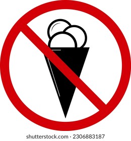 No ice cream sign. Forbidding sign, do not eat ice cream. Red crossed circle and waffle cone silhouette with ice cream inside. ice cream is not allowed.  Round red stop sign.